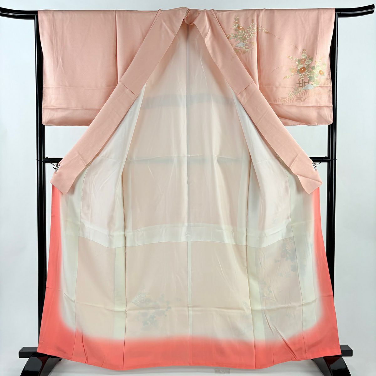 【美品】訪問服 身長162cm 袖長65cm M 雙層 鈴乃屋 扇子 秋草 金銀彩 漸層 粉色 純蠶絲 優品級