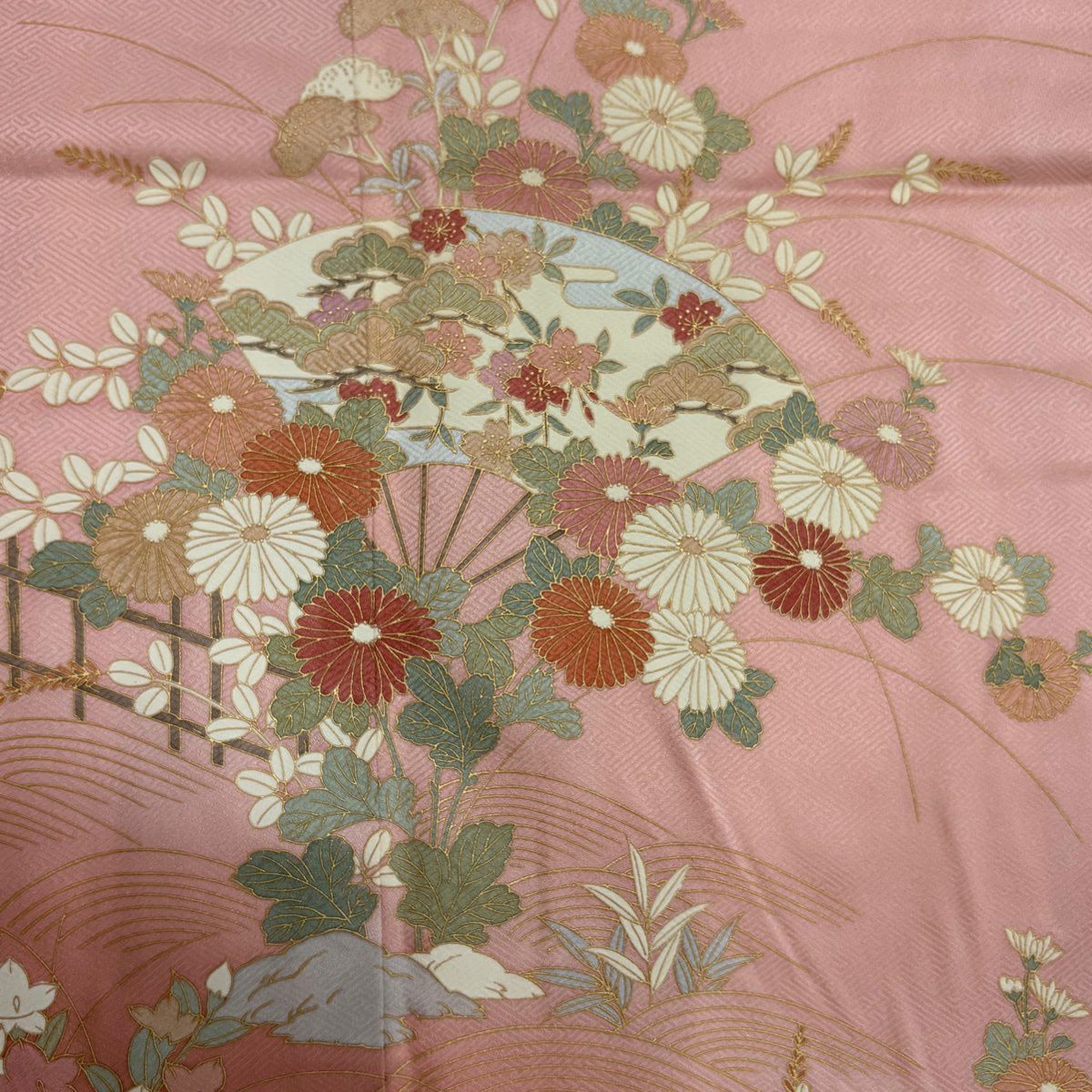 【美品】訪問服 身長162cm 袖長65cm M 雙層 鈴乃屋 扇子 秋草 金銀彩 漸層 粉色 純蠶絲 優品級