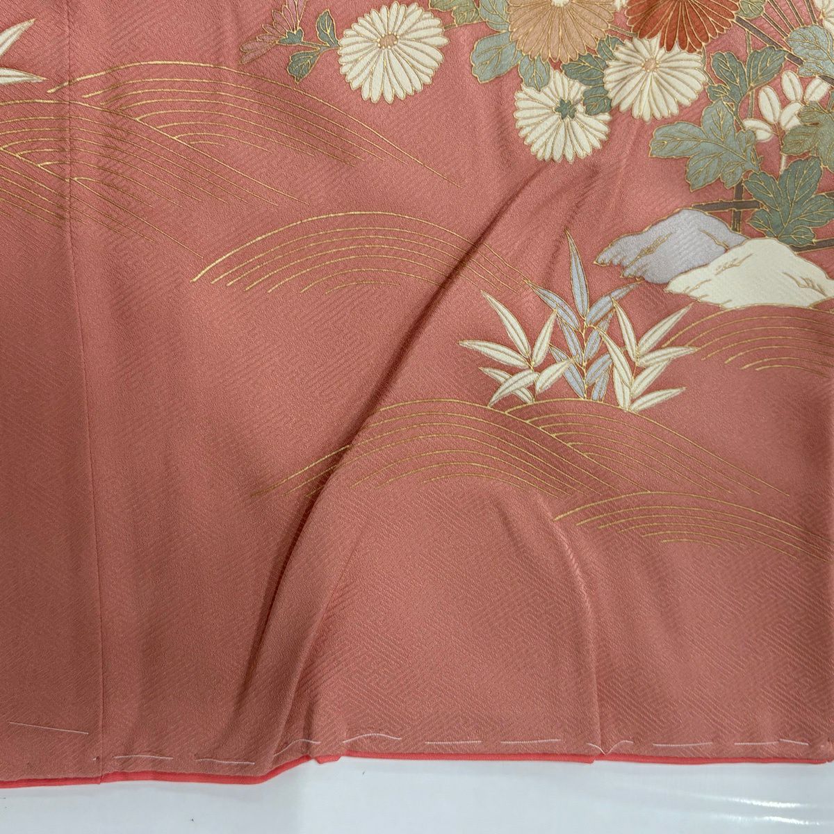 【美品】訪問服 身長162cm 袖長65cm M 雙層 鈴乃屋 扇子 秋草 金銀彩 漸層 粉色 純蠶絲 優品級