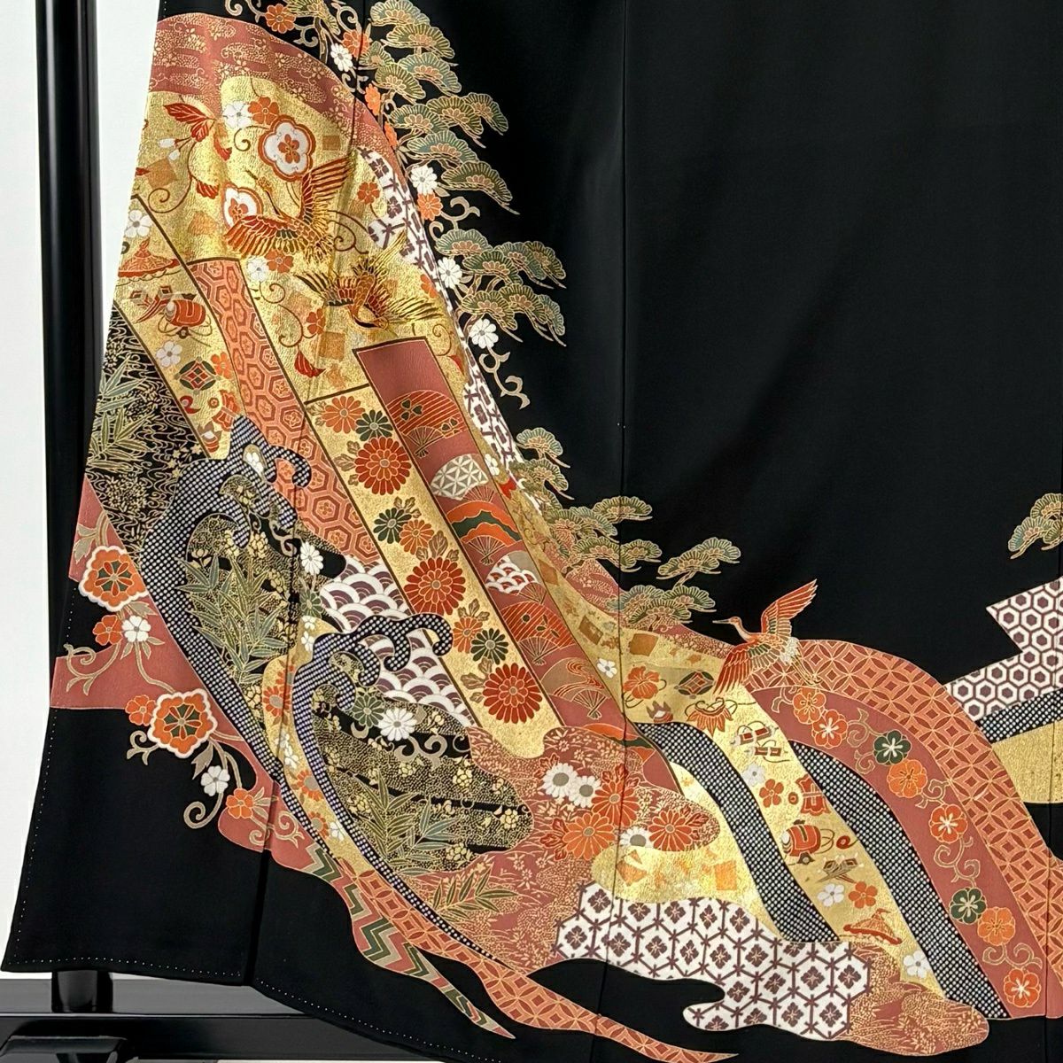 黑留袖禮服 身長158cm 袖長65cm M 雙層 仙鶴 寶盡くし 金絲 金銀彩 黑 純蠶絲 優品級