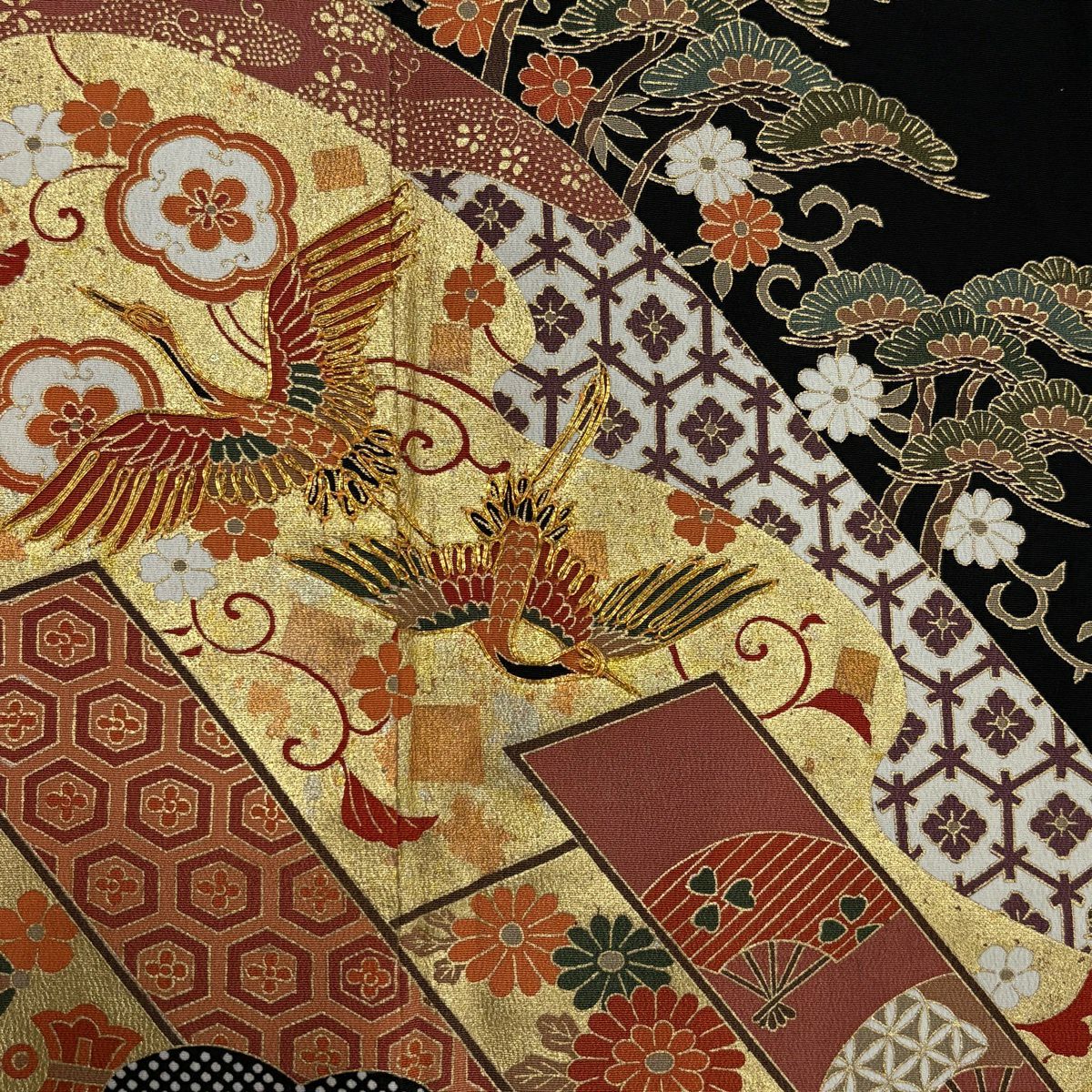 黑留袖禮服 身長158cm 袖長65cm M 雙層 仙鶴 寶盡くし 金絲 金銀彩 黑 純蠶絲 優品級