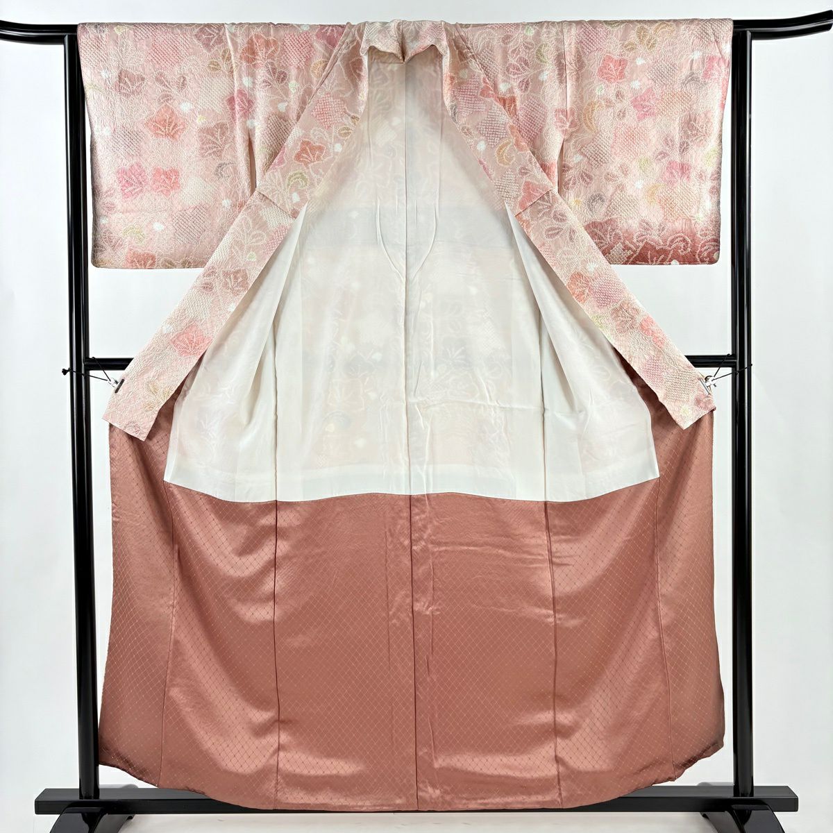 【美品】訪問服 身長158cm 袖長63cm S 雙層 草花紋紋 絞染 漸層 粉紅 純蠶絲 優品級