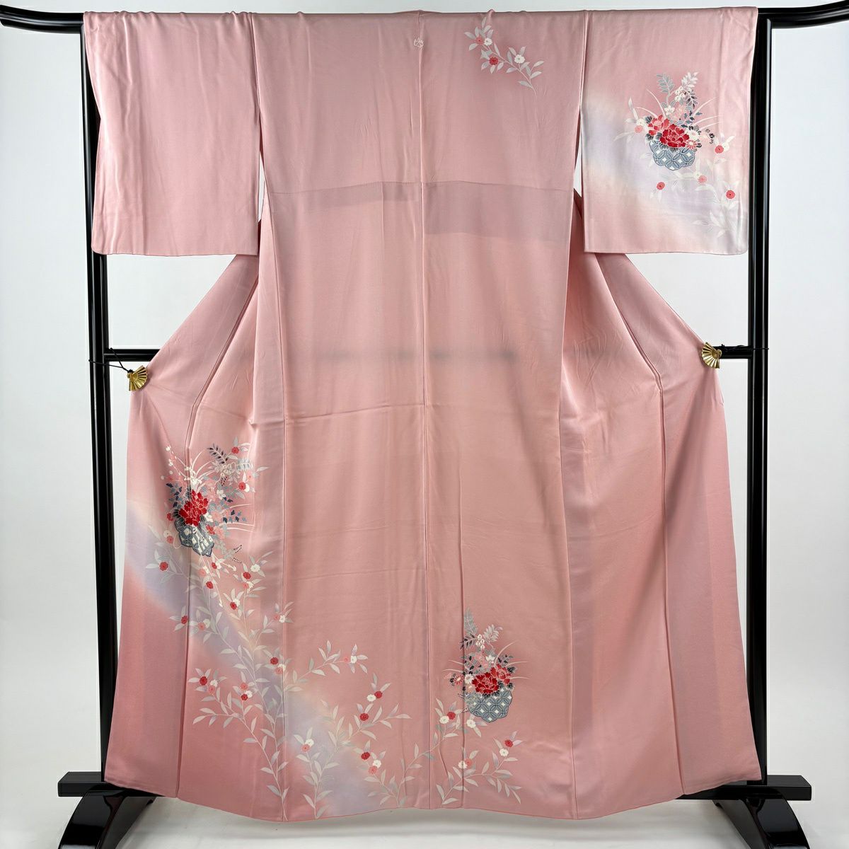 付下 身長161.5cm 袖長64.5cm M 雙層 草花紋紋 鏡裏文 漸層 粉紅 純蠶絲 優品級 一つ紋