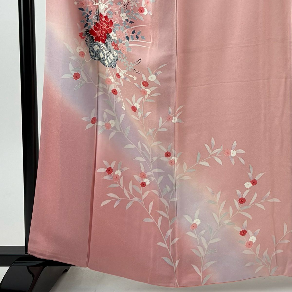 付下 身長161.5cm 袖長64.5cm M 雙層 草花紋紋 鏡裏文 漸層 粉紅 純蠶絲 優品級 一つ紋