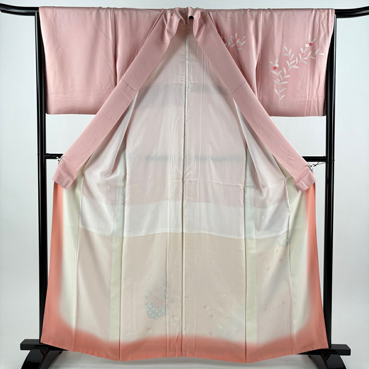 付下 身長161.5cm 袖長64.5cm M 雙層 草花紋紋 鏡裏文 漸層 粉紅 純蠶絲 優品級 一つ紋