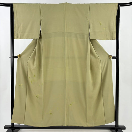 付下 身長154cm 袖長64.5cm M 雙層 花唐草紋 刺繡 灰綠 純蠶絲 優品級 一つ紋