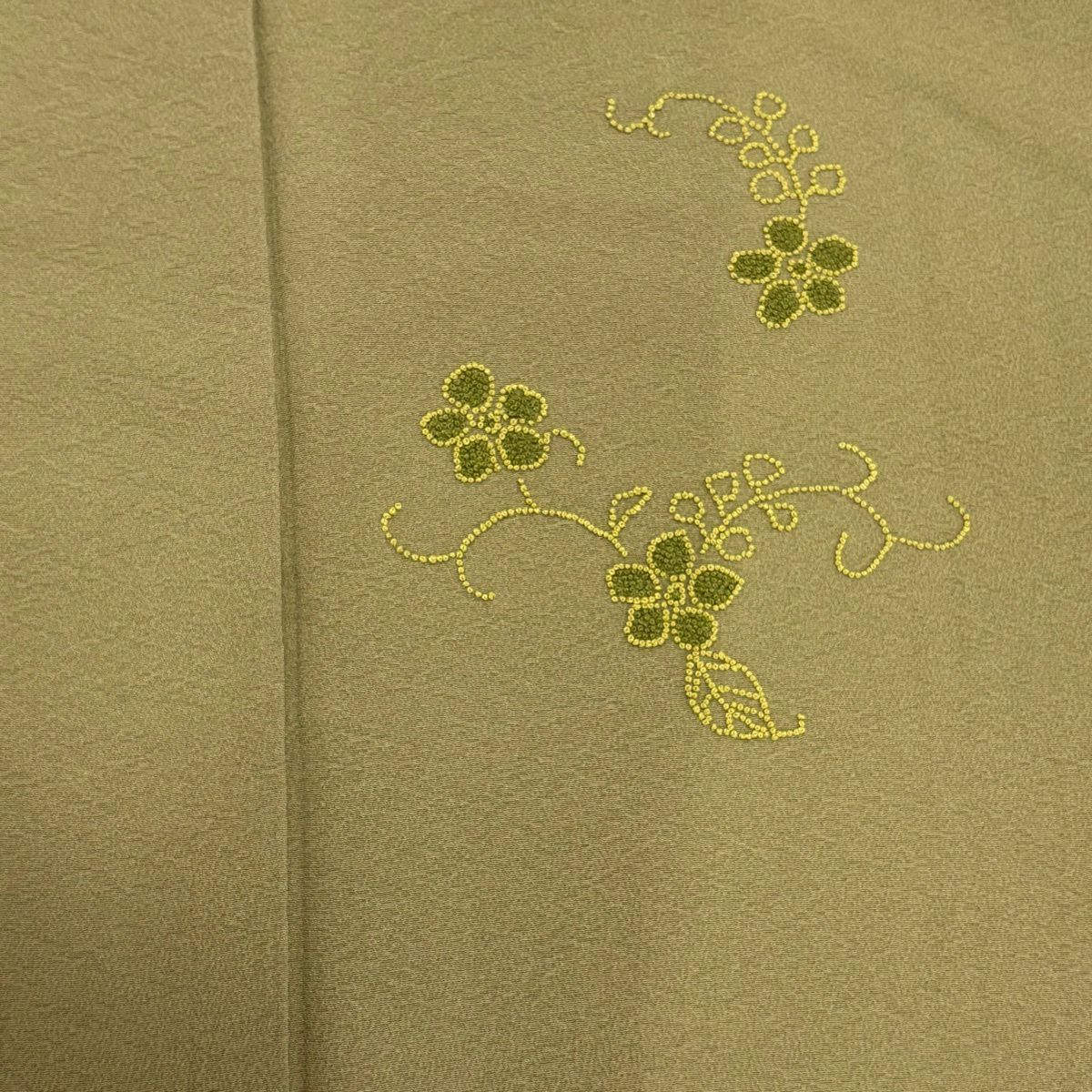付下 身長154cm 袖長64.5cm M 雙層 花唐草紋 刺繡 灰綠 純蠶絲 優品級 一つ紋