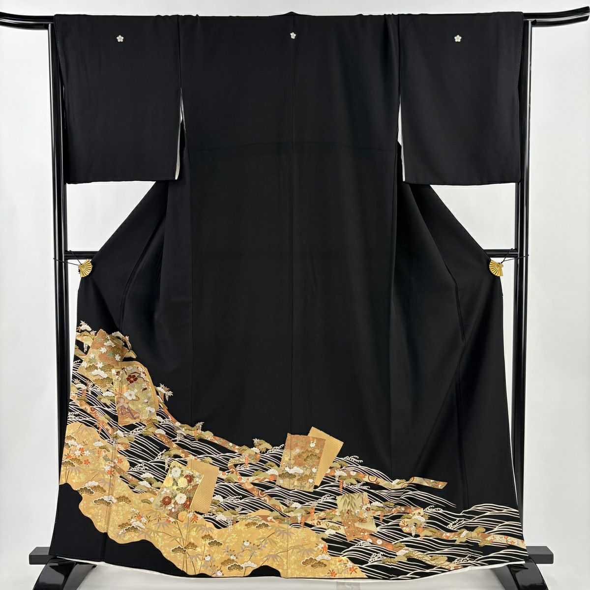 黑留袖禮服 身長162.5cm 袖長66.5cm M 雙層 破れ色紙 松樹竹子梅花 金絲 金銀彩 黑 純蠶絲 優品級