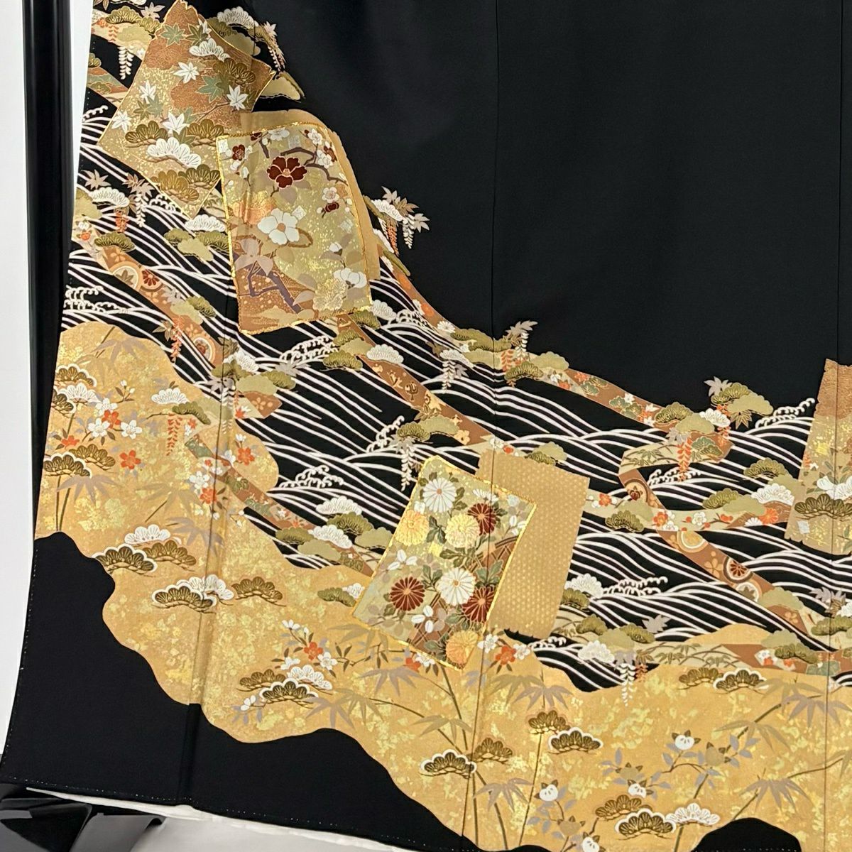黑留袖禮服 身長162.5cm 袖長66.5cm M 雙層 破れ色紙 松樹竹子梅花 金絲 金銀彩 黑 純蠶絲 優品級