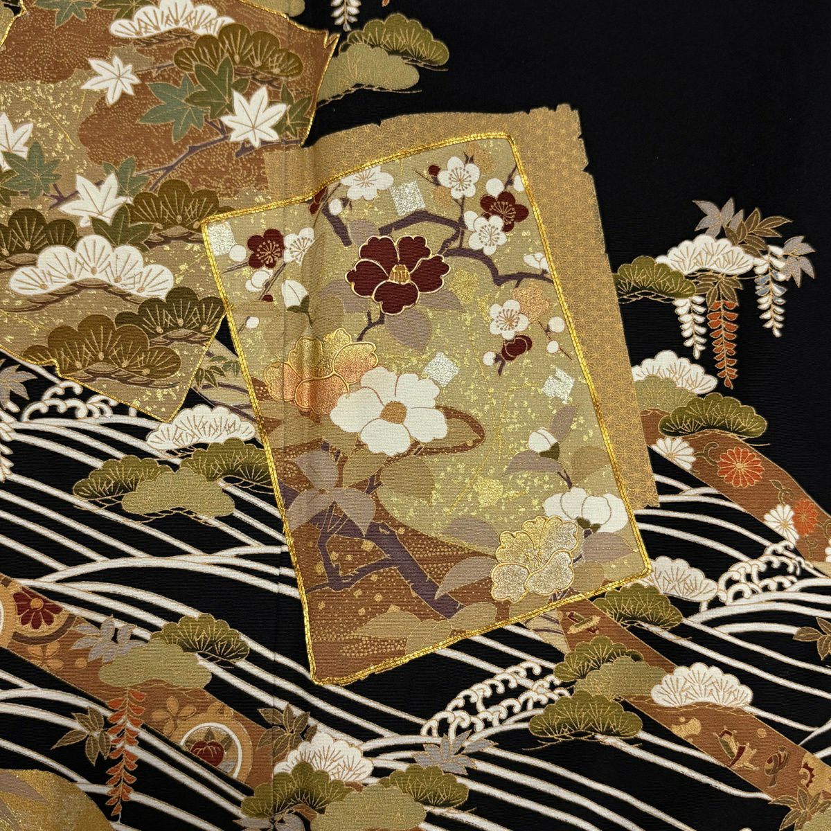 黑留袖禮服 身長162.5cm 袖長66.5cm M 雙層 破れ色紙 松樹竹子梅花 金絲 金銀彩 黑 純蠶絲 優品級