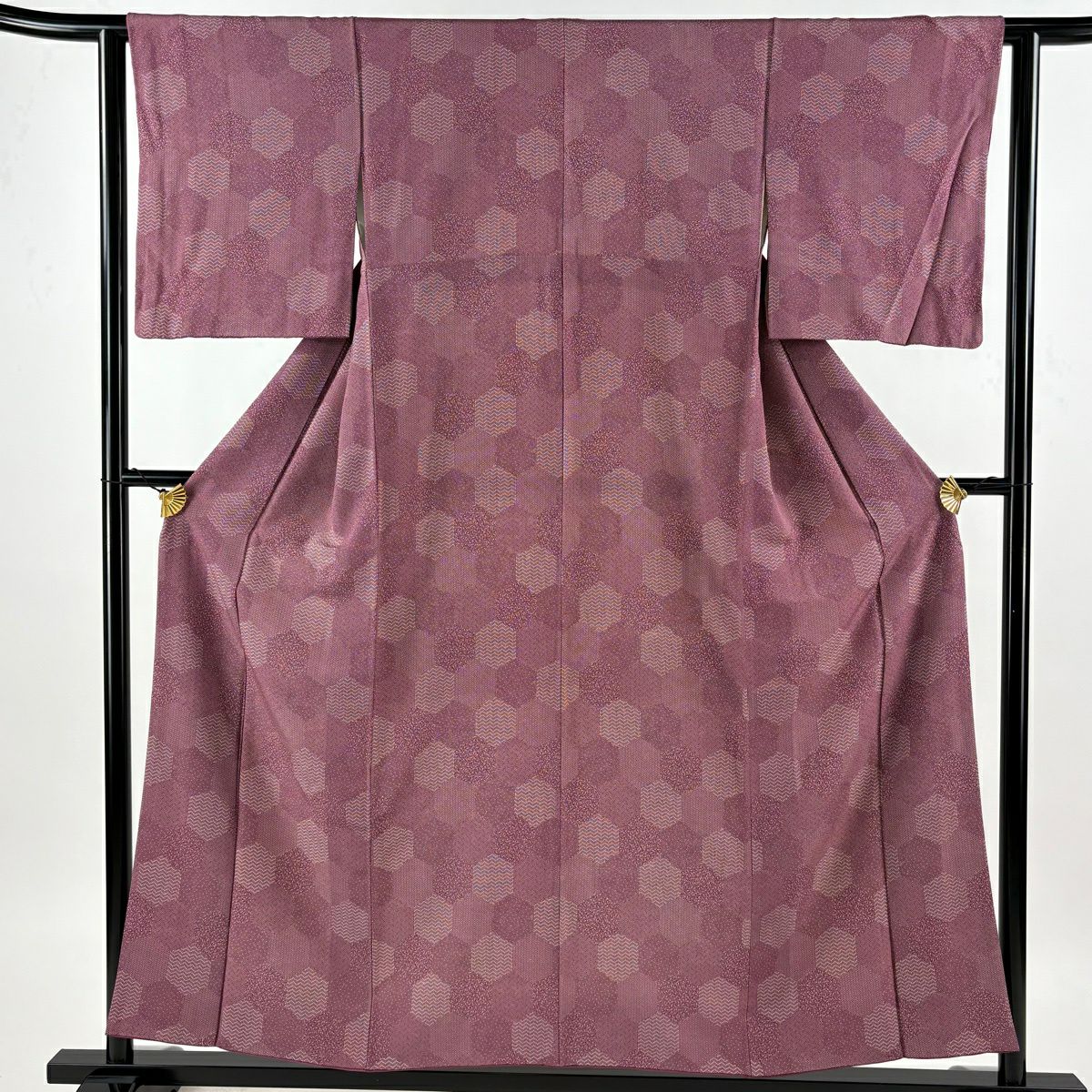 【美品】 小紋 身長154cm 袖長61.5cm S 雙層 寄せ柄 龜甲 紅紫 純蠶絲 優品級