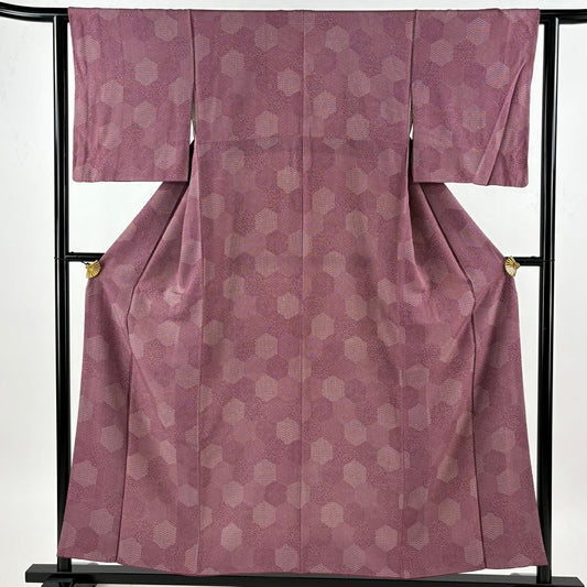 【美品】 小紋 身長154cm 袖長61.5cm S 雙層 寄せ柄 龜甲 紅紫 純蠶絲 優品級