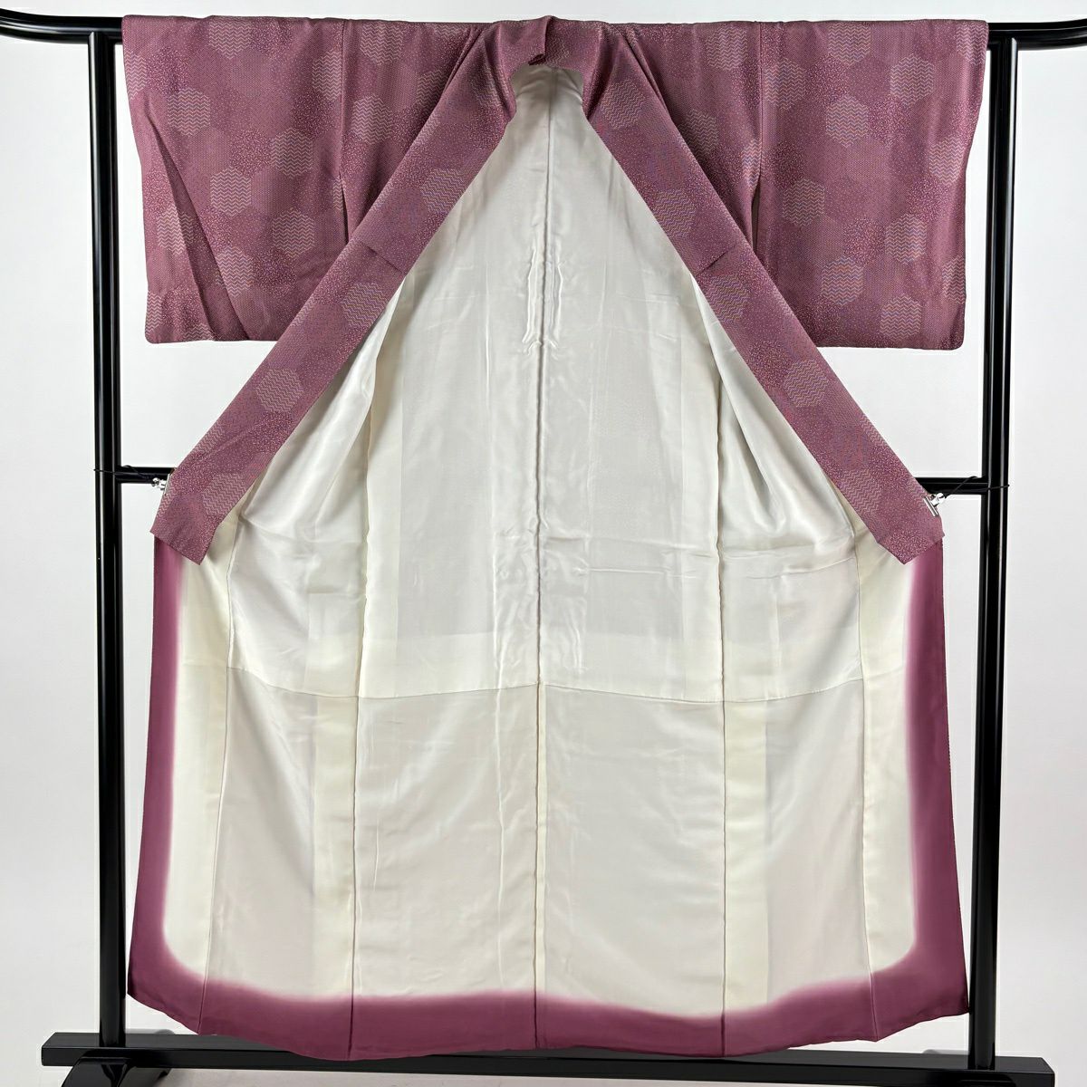 【美品】 小紋 身長154cm 袖長61.5cm S 雙層 寄せ柄 龜甲 紅紫 純蠶絲 優品級