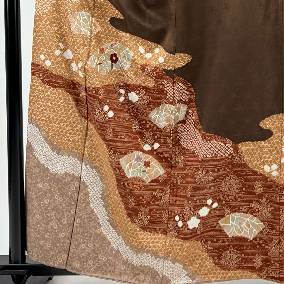 訪問服 身長161cm 袖長62.5cm S 雙層 鈴乃屋 扇子面 草花紋 金絲 金銀彩 茶 純蠶絲 優品級