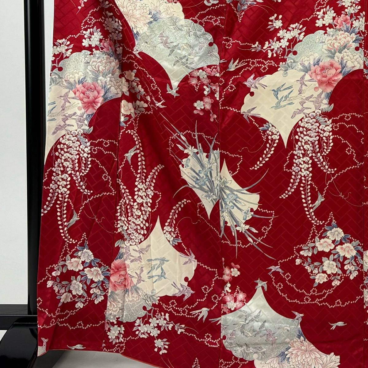 小紋 身長167cm 袖長65cm M 雙層 花鳥 扇子 金銀彩 紅 純蠶絲 優品級