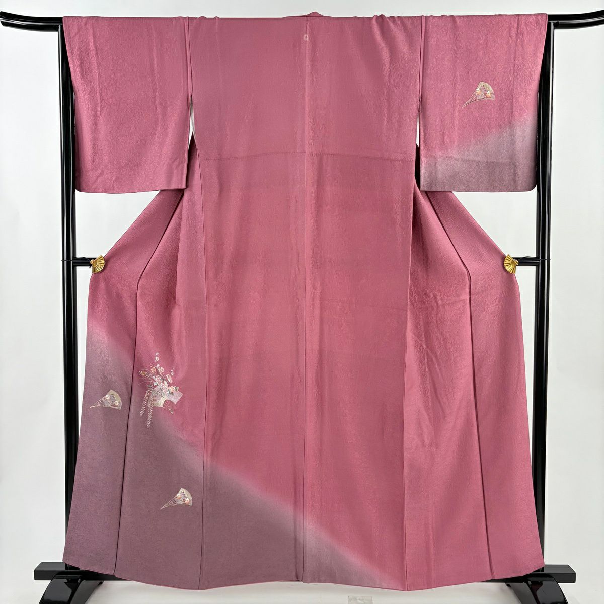付下 身長158.5cm 袖長65cm M 雙層 扇子 草花紋紋 金糸刺繡 紅紫 純蠶絲 優品級 一つ紋