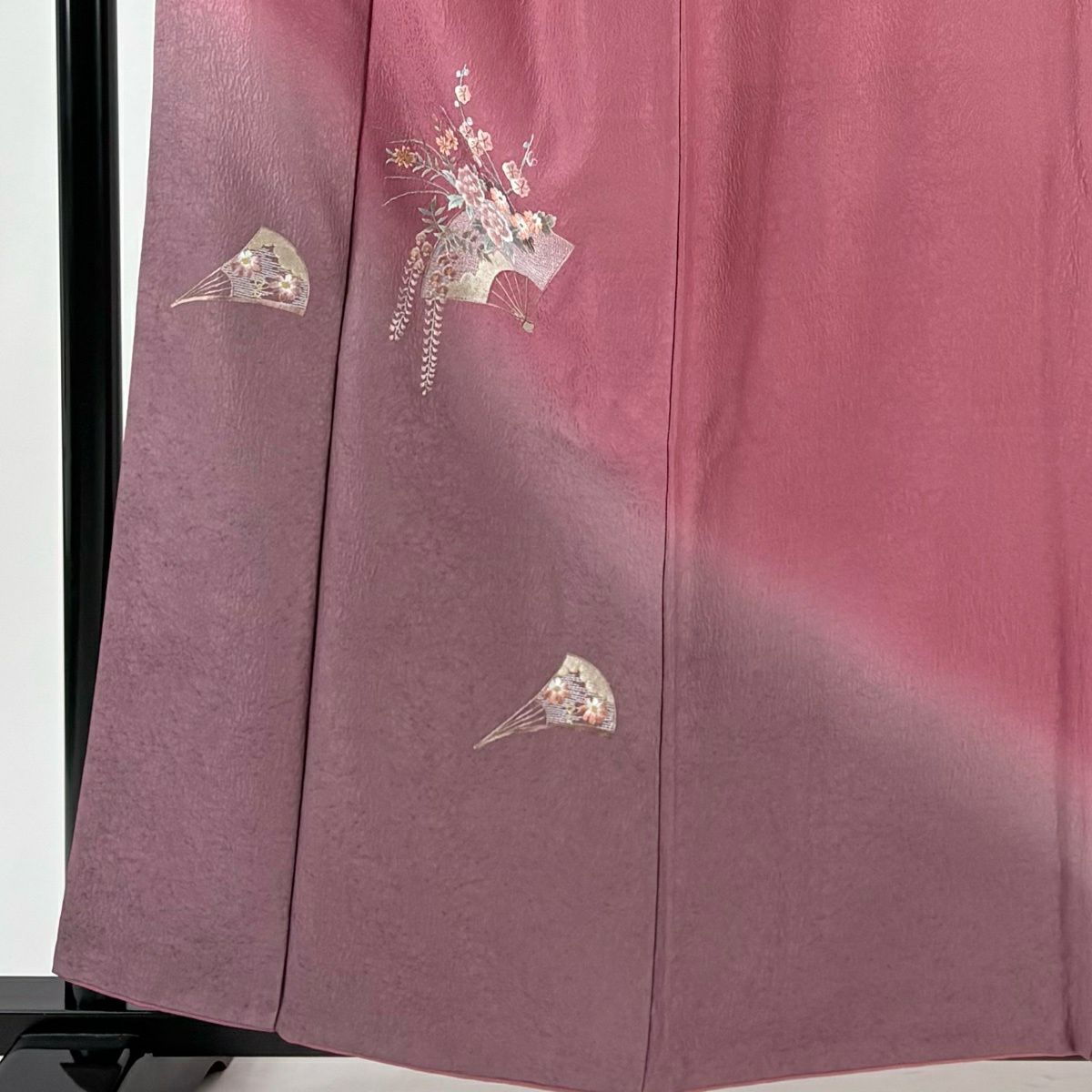 付下 身長158.5cm 袖長65cm M 雙層 扇子 草花紋紋 金糸刺繡 紅紫 純蠶絲 優品級 一つ紋