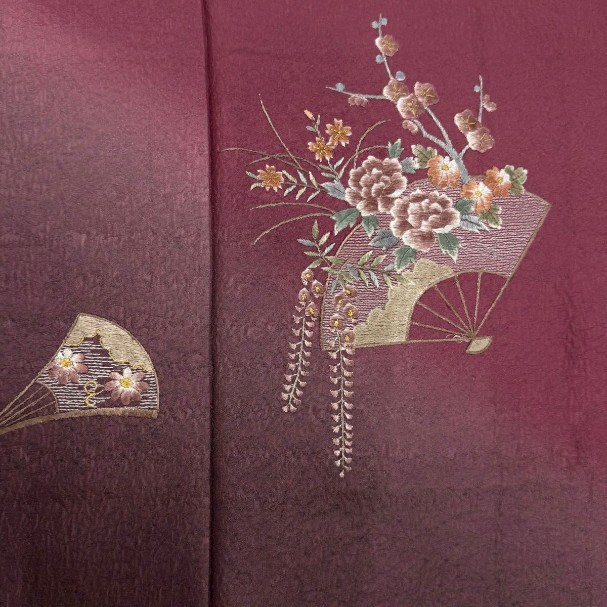 付下 身長158.5cm 袖長65cm M 雙層 扇子 草花紋紋 金糸刺繡 紅紫 純蠶絲 優品級 一つ紋