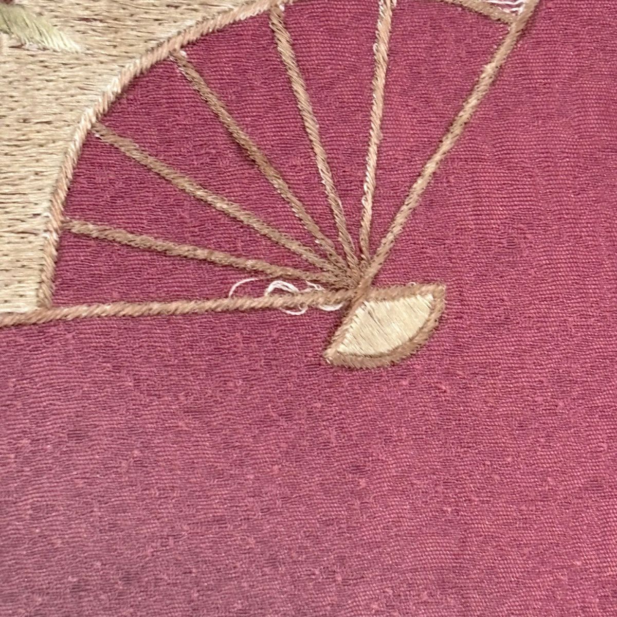付下 身長158.5cm 袖長65cm M 雙層 扇子 草花紋紋 金糸刺繡 紅紫 純蠶絲 優品級 一つ紋