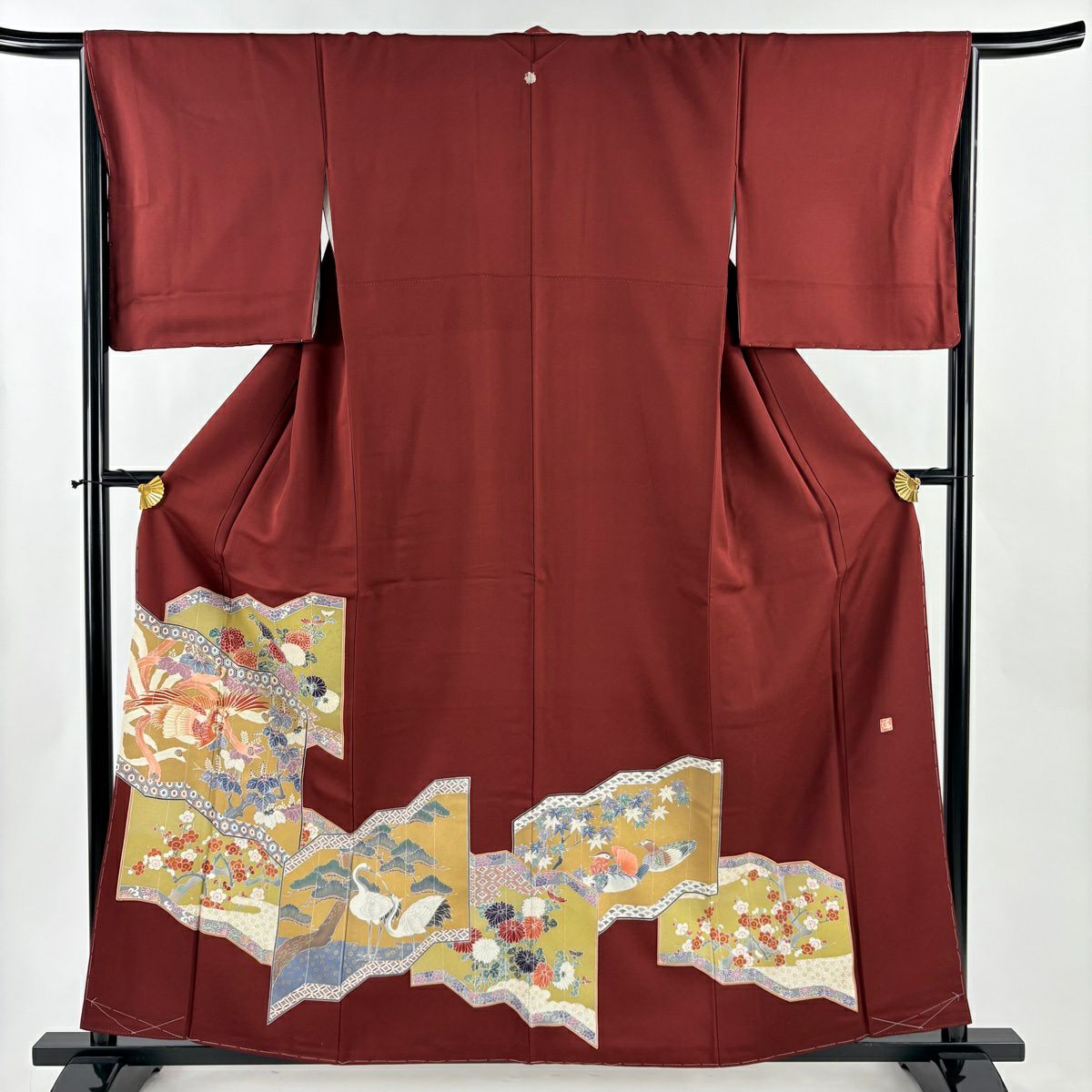 紅留袖禮服 身長159cm 袖長65.5cm M 雙層 有落款 鳳凰 松樹梅花 金絲 金銀彩 紅茶 純蠶絲 優品級 一個紋