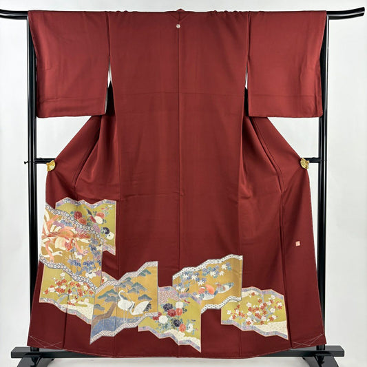 紅留袖禮服 身長159cm 袖長65.5cm M 雙層 有落款 鳳凰 松樹梅花 金絲 金銀彩 紅茶 純蠶絲 優品級 一個紋