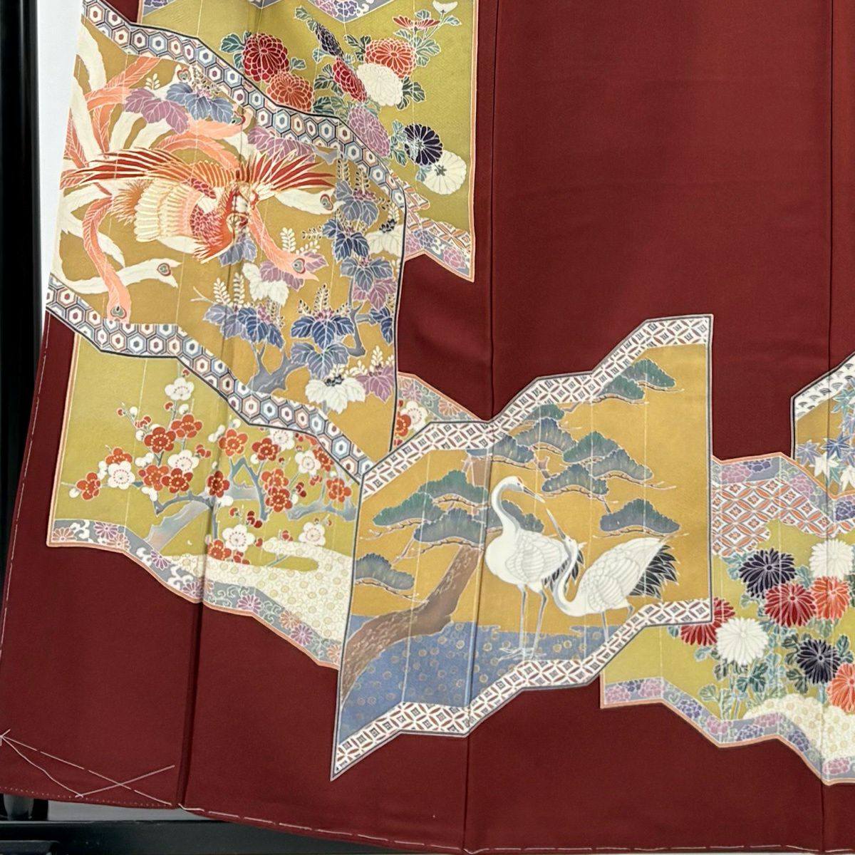 紅留袖禮服 身長159cm 袖長65.5cm M 雙層 有落款 鳳凰 松樹梅花 金絲 金銀彩 紅茶 純蠶絲 優品級 一個紋