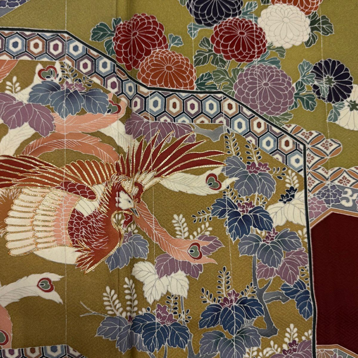 紅留袖禮服 身長159cm 袖長65.5cm M 雙層 有落款 鳳凰 松樹梅花 金絲 金銀彩 紅茶 純蠶絲 優品級 一個紋