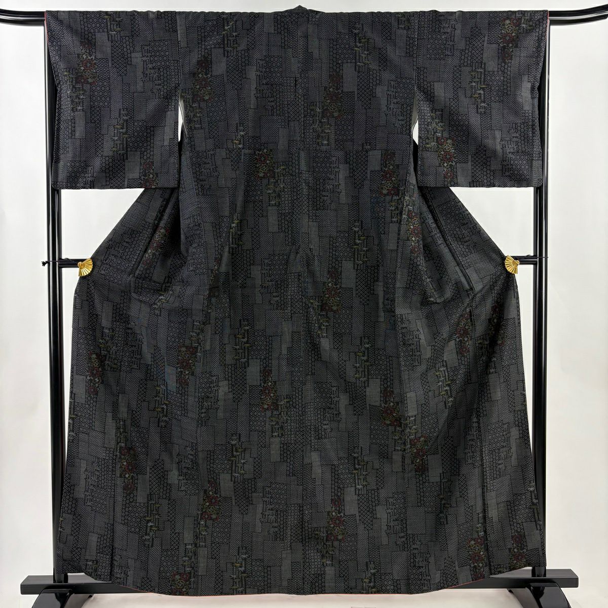 【美品】 紬織 身長160.5cm 袖長65.5cm M 雙層 草花紋 竹子 墨 黑 純蠶絲 優品級