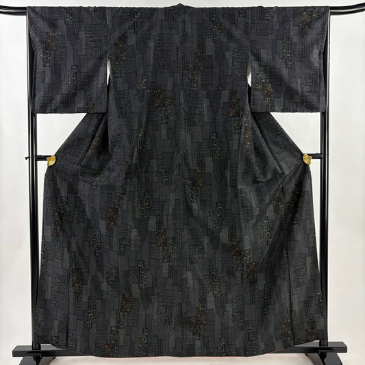 【美品】 紬織 身長160.5cm 袖長65.5cm M 雙層 草花紋 竹子 墨 黑 純蠶絲 優品級