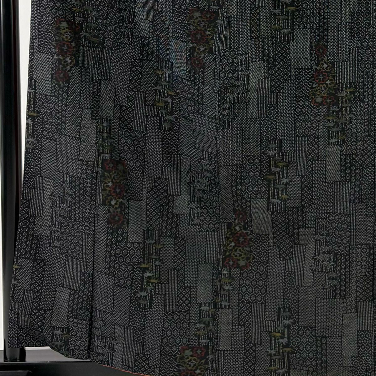 【美品】 紬織 身長160.5cm 袖長65.5cm M 雙層 草花紋 竹子 墨 黑 純蠶絲 優品級