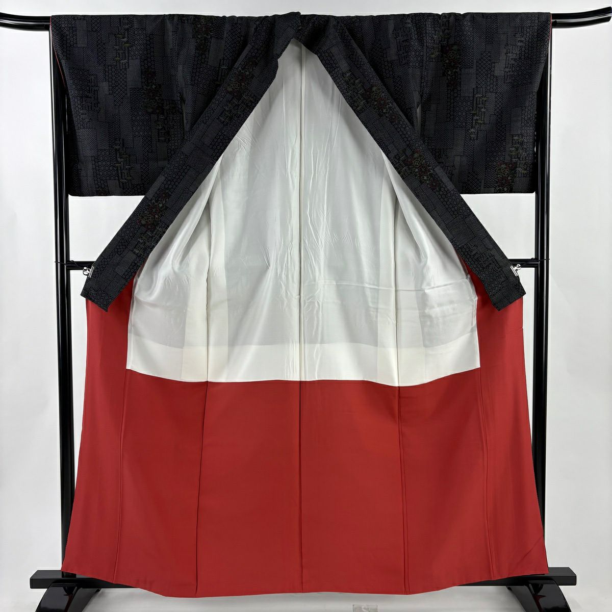 【美品】 紬織 身長160.5cm 袖長65.5cm M 雙層 草花紋 竹子 墨 黑 純蠶絲 優品級