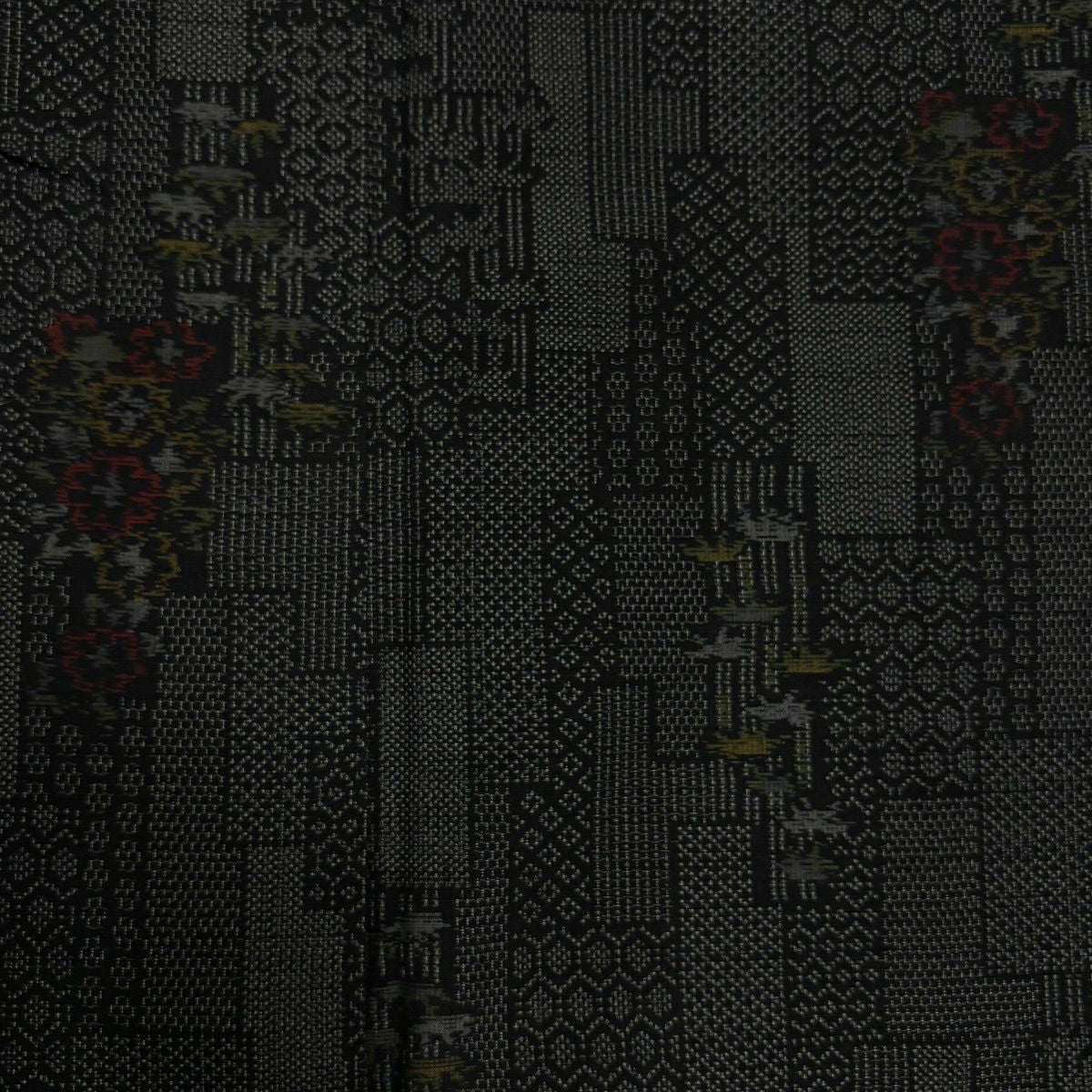 【美品】 紬織 身長160.5cm 袖長65.5cm M 雙層 草花紋 竹子 墨 黑 純蠶絲 優品級