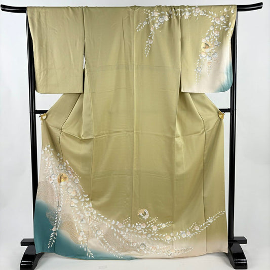 【美品】訪問服 身長169.5cm 袖長67.5cm L 雙層 蝶 草花紋紋 金銀彩 漸層 米色 純蠶絲 優品級