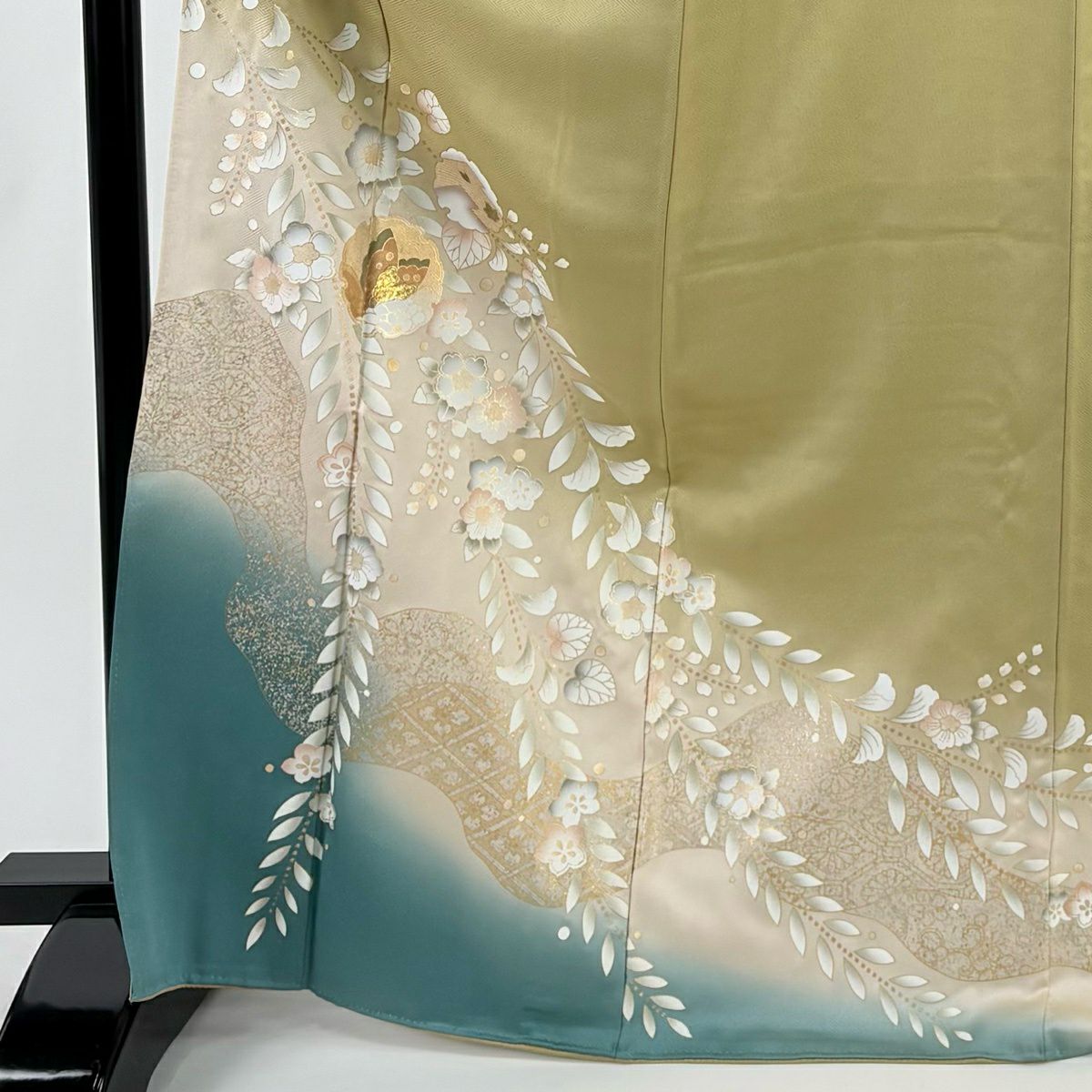 【美品】訪問服 身長169.5cm 袖長67.5cm L 雙層 蝶 草花紋紋 金銀彩 漸層 米色 純蠶絲 優品級
