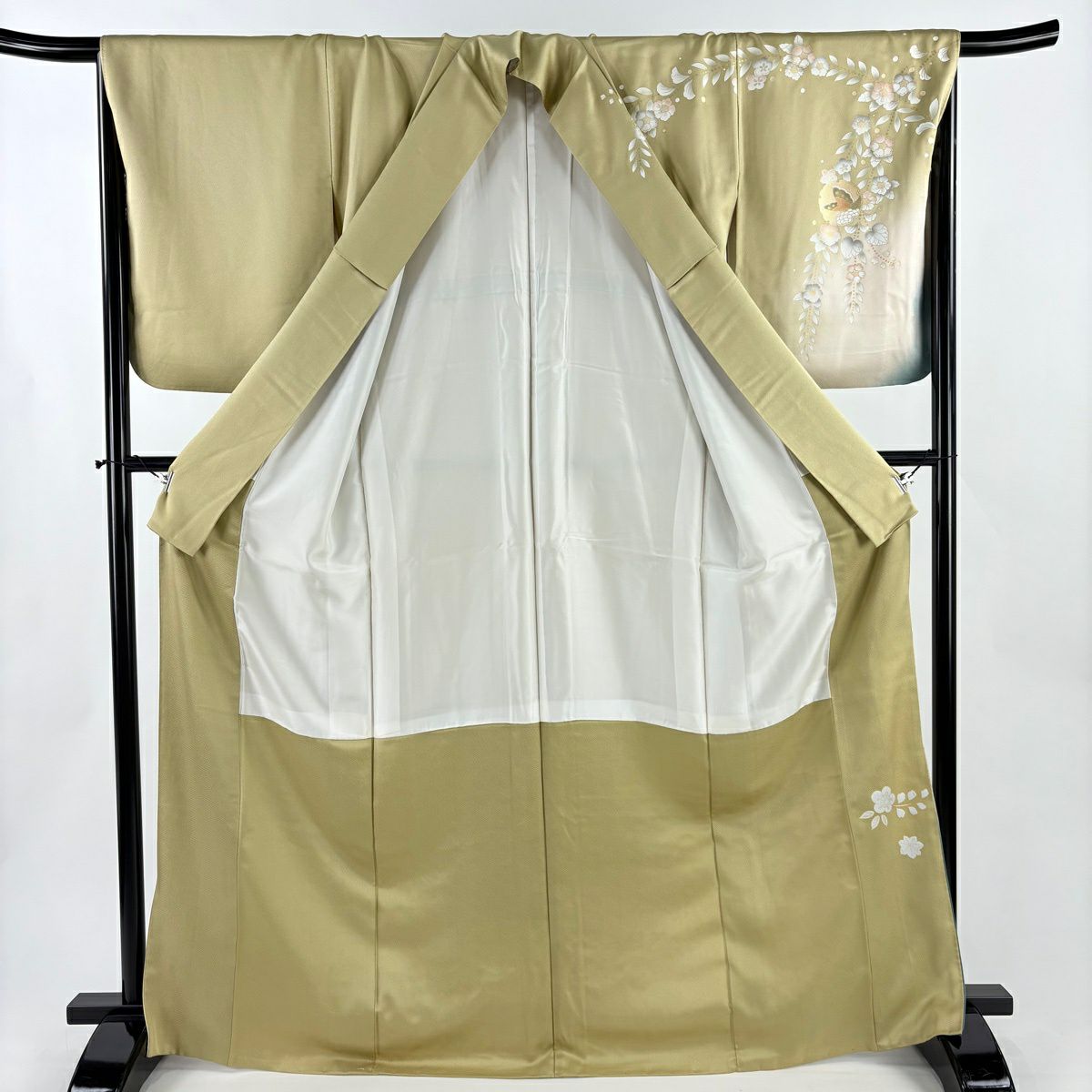 【美品】訪問服 身長169.5cm 袖長67.5cm L 雙層 蝶 草花紋紋 金銀彩 漸層 米色 純蠶絲 優品級