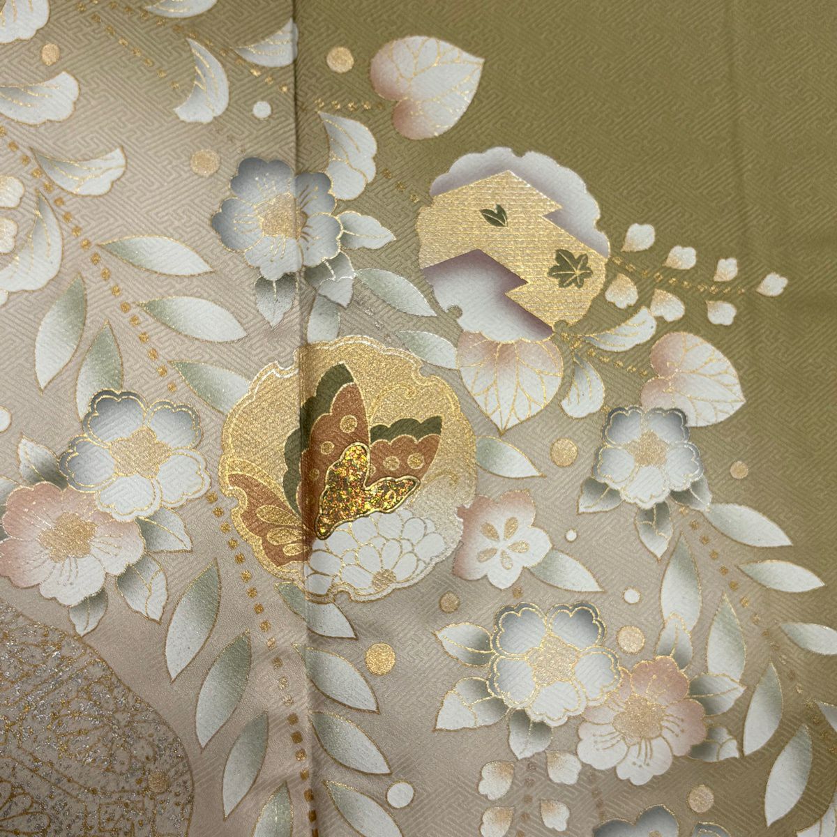 【美品】訪問服 身長169.5cm 袖長67.5cm L 雙層 蝶 草花紋紋 金銀彩 漸層 米色 純蠶絲 優品級
