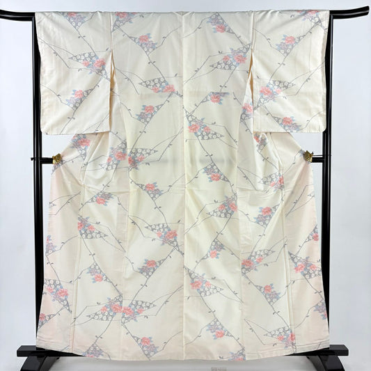 【美品】 紬織織 身長162cm 袖長65.5cm M 雙層 草花紋紋 奶油色 純蠶絲 優品級
