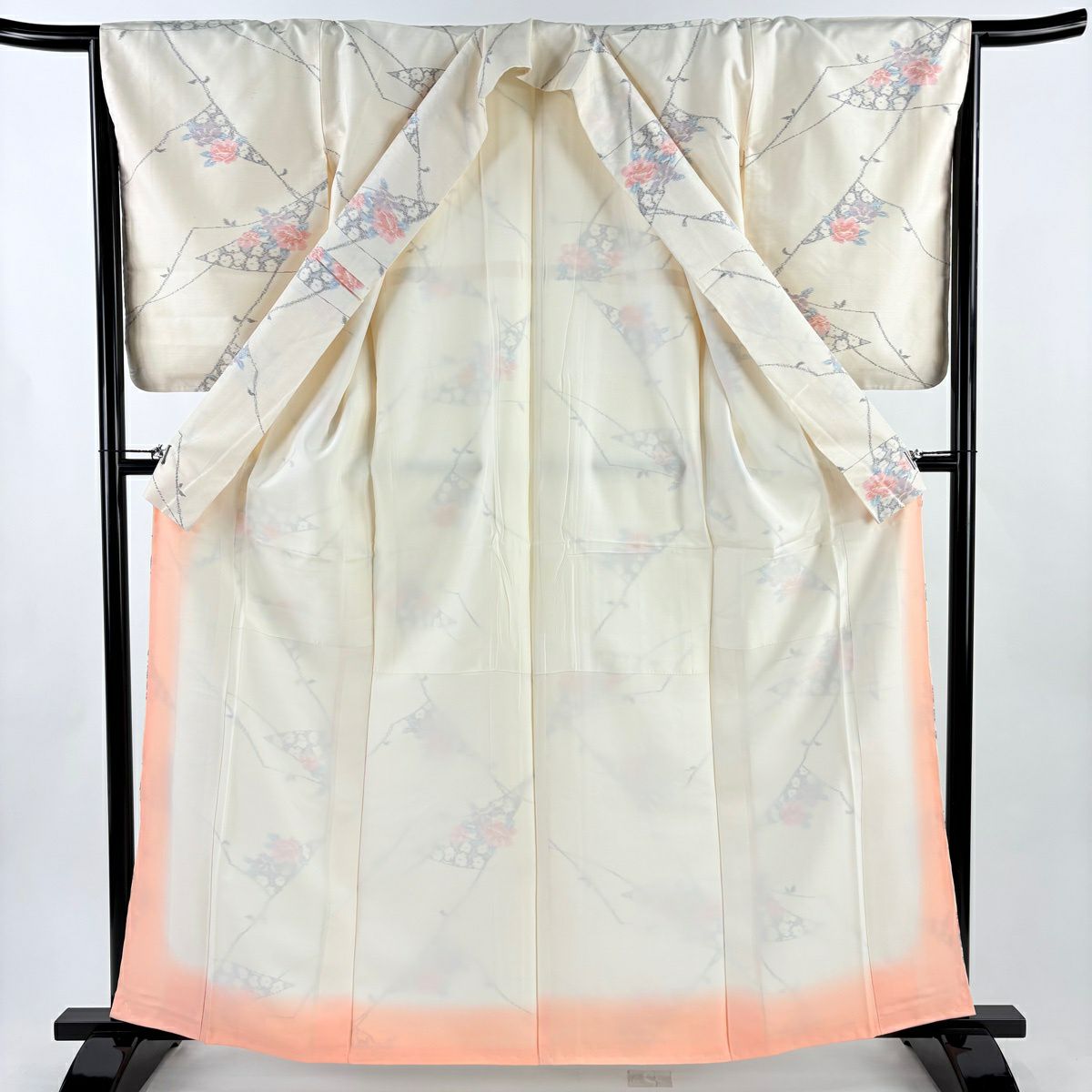 【美品】 紬織織 身長162cm 袖長65.5cm M 雙層 草花紋紋 奶油色 純蠶絲 優品級