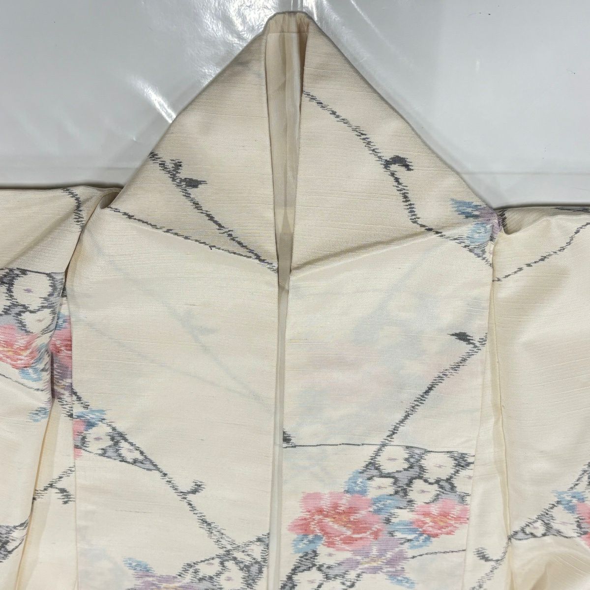 【美品】 紬織織 身長162cm 袖長65.5cm M 雙層 草花紋紋 奶油色 純蠶絲 優品級