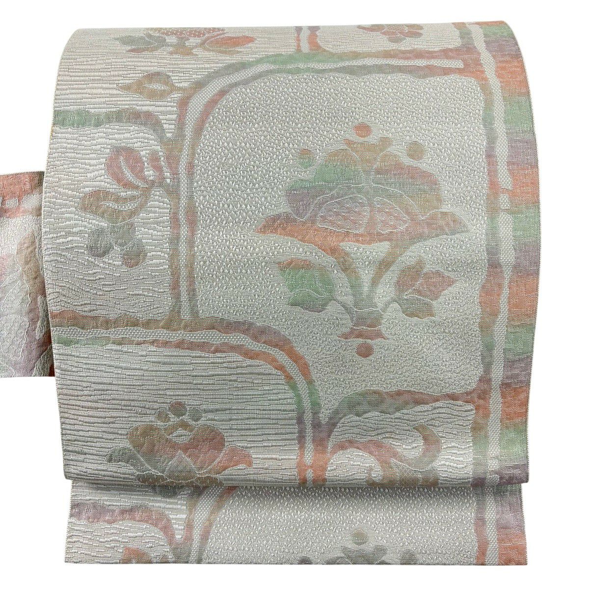 【美品】 名古屋帶 優品級 八寸名古屋帶 草花紋 灰白 純蠶絲