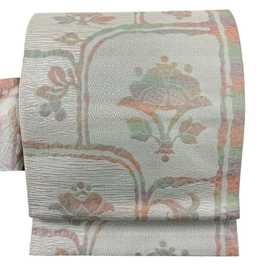 【美品】 名古屋帶 優品級 八寸名古屋帶 草花紋 灰白 純蠶絲