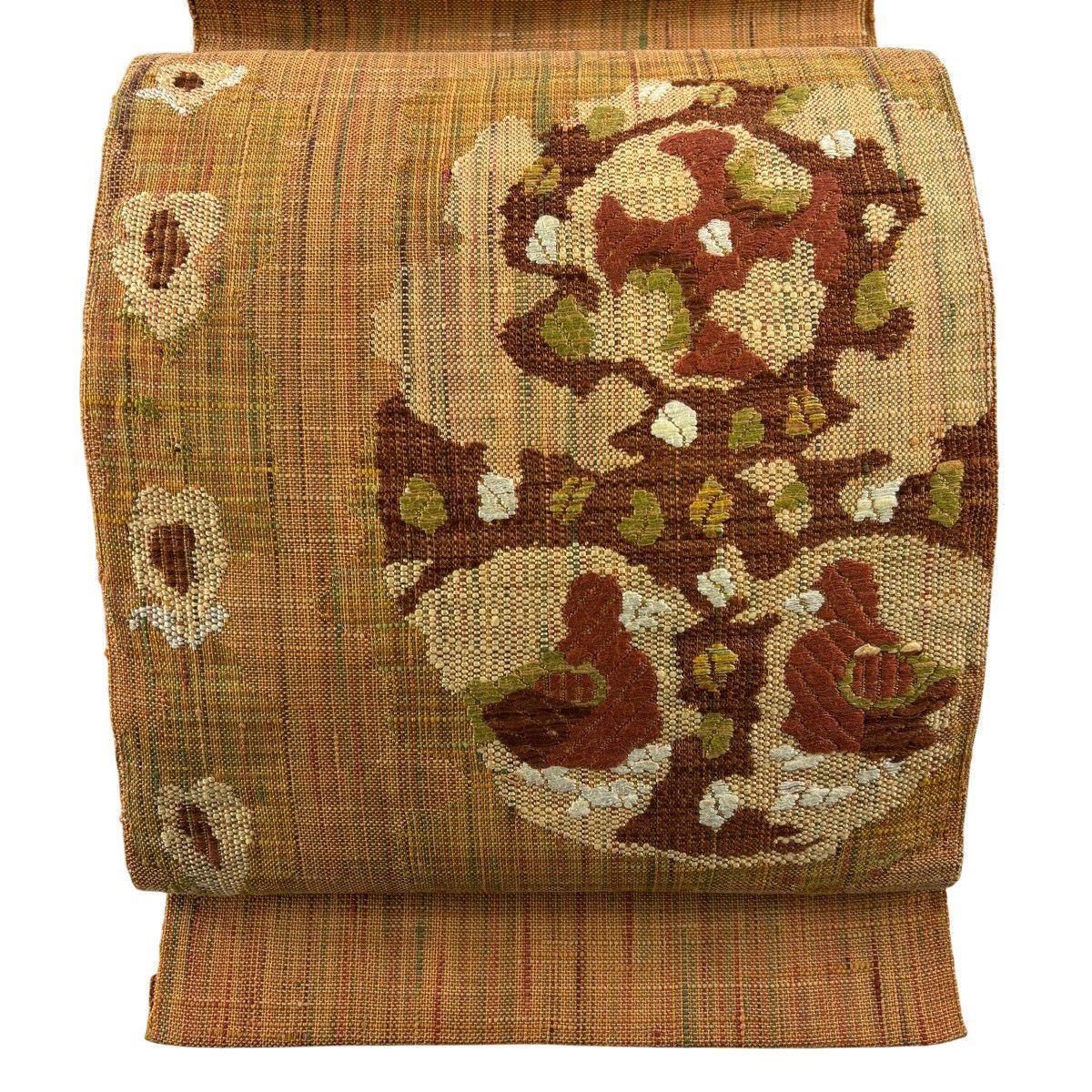 【美品】名古屋帶 優品級 八寸名古屋帶 鳥 草花紋 茶 純蠶絲