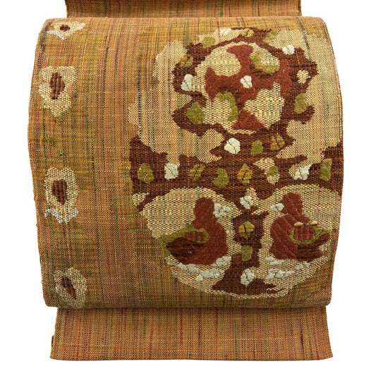 【美品】名古屋帶 優品級 八寸名古屋帶 鳥 草花紋 茶 純蠶絲