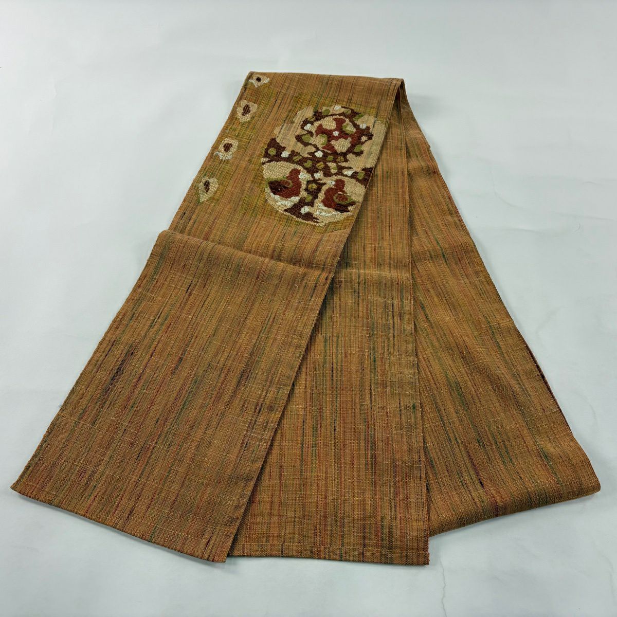 【美品】名古屋帶 優品級 八寸名古屋帶 鳥 草花紋 茶 純蠶絲