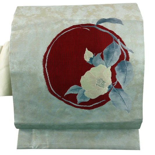 名古屋帶 優品級 椿 刺繡 銀線 米色 純蠶絲