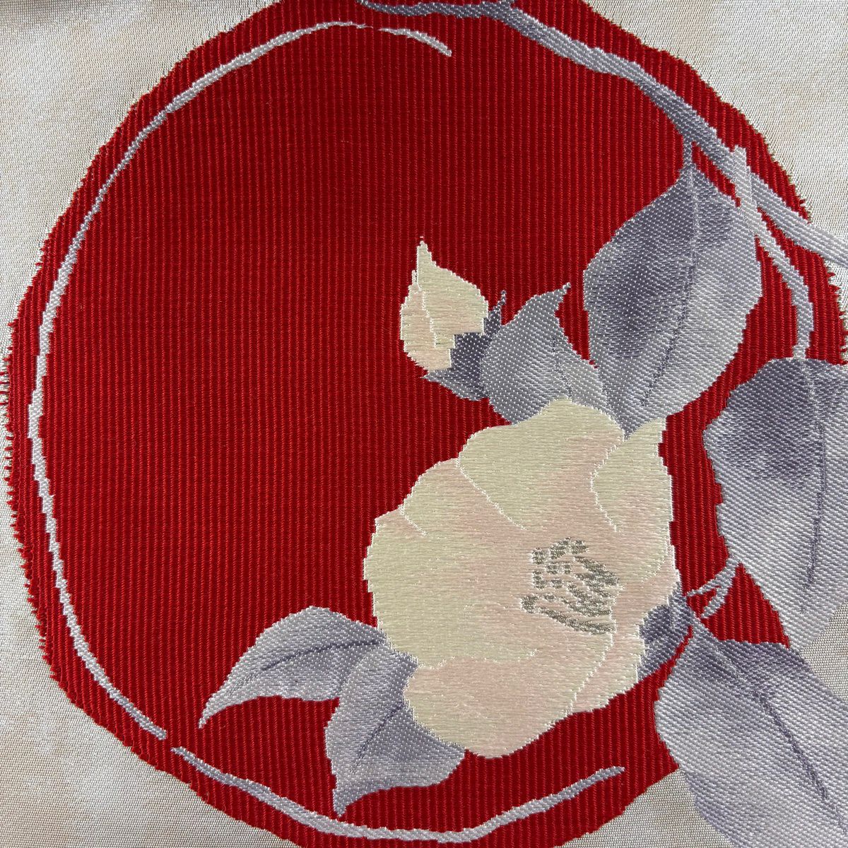 名古屋帶 優品級 椿 刺繡 銀線 米色 純蠶絲