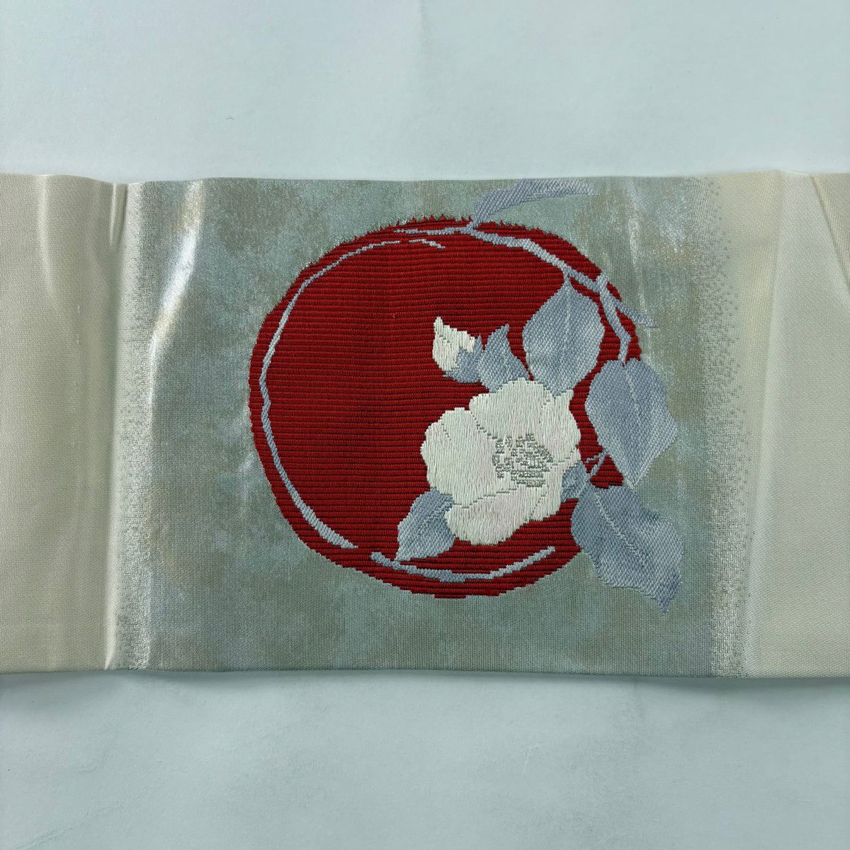 名古屋帶 優品級 椿 刺繡 銀線 米色 純蠶絲