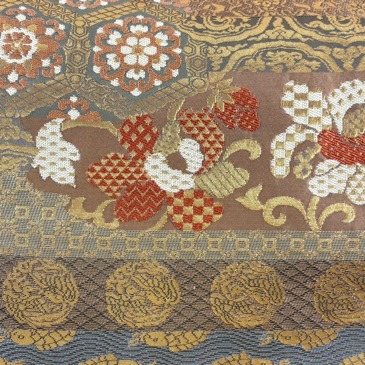 【美品】 袋帶 名品級 川島織物 落款あり 華紋 荒磯 金金箔 茶 六通 純蠶絲