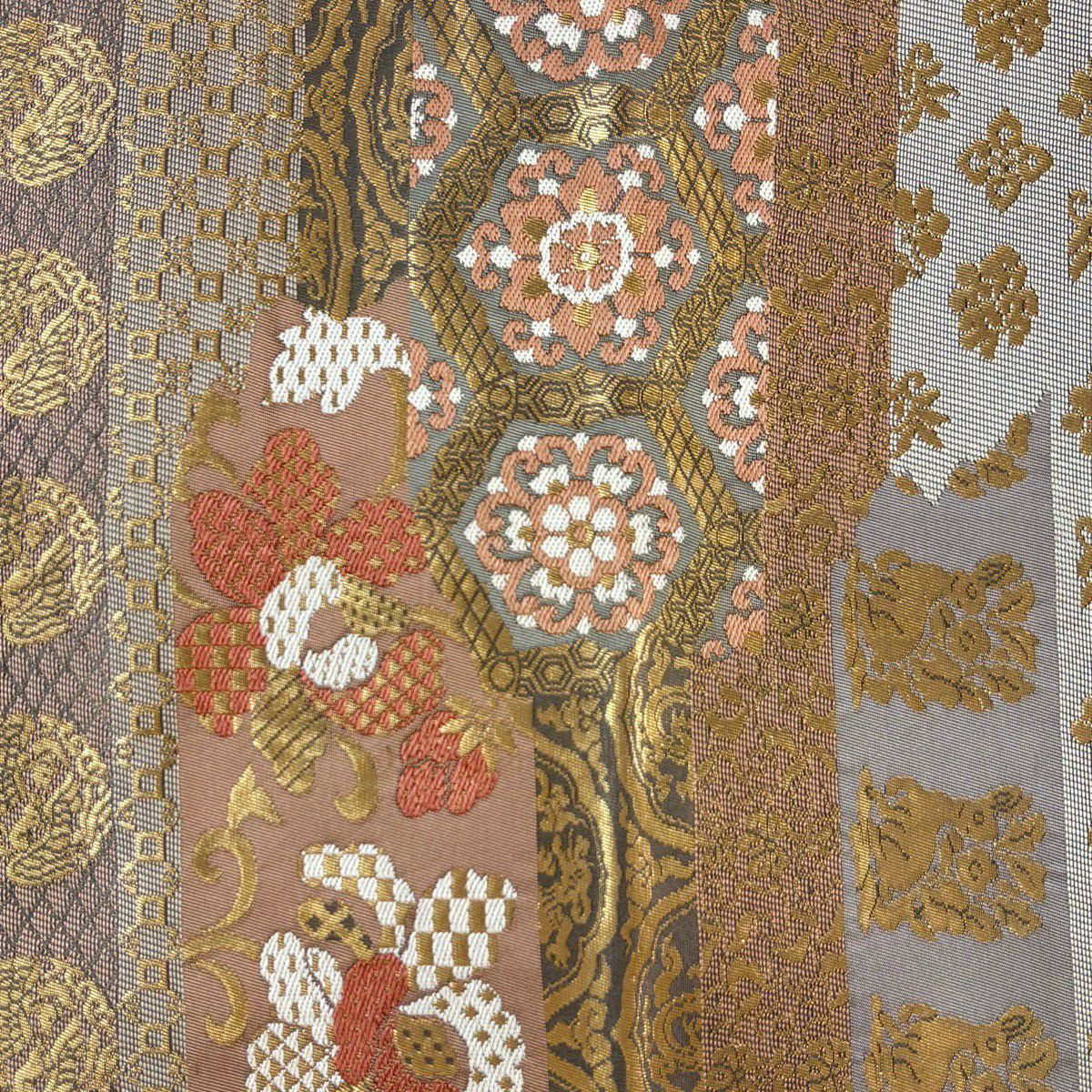 【美品】 袋帶 名品級 川島織物 落款あり 華紋 荒磯 金金箔 茶 六通 純蠶絲