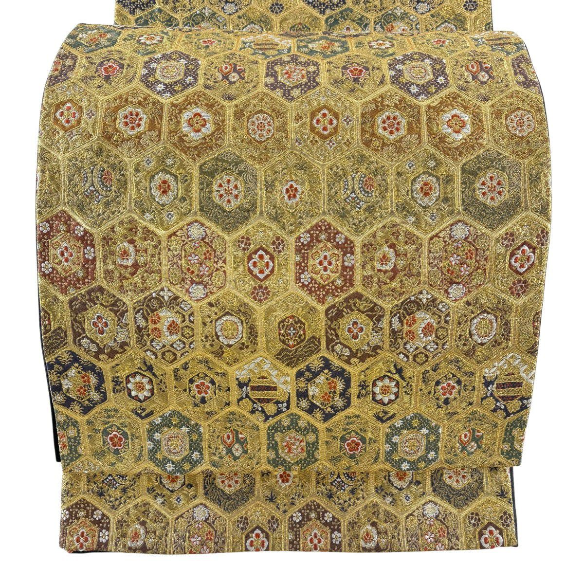 【美品】 袋帶 名品級 祥園 落款 龜甲 草花紋 金絲 金金箔 金色 六通 純蠶絲
